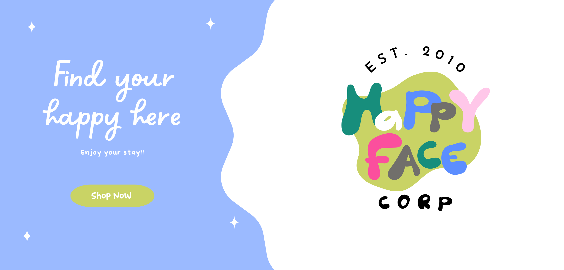 Happy Face Corp logo with colorful text on a light blue and white background