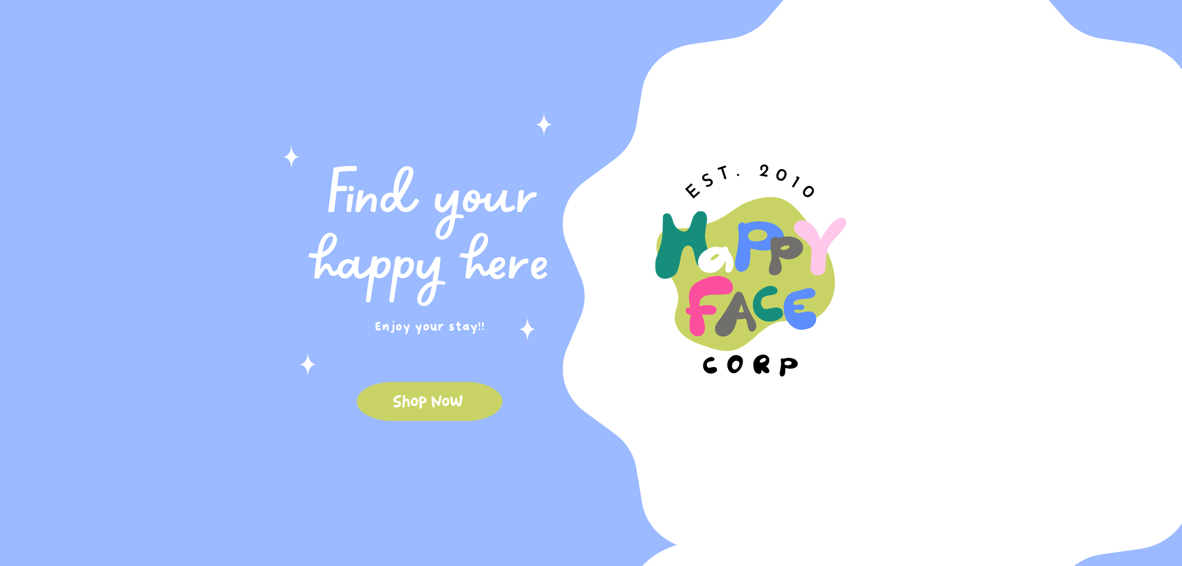 Promotional banner for Happy Face Corp with a colorful logo and text on a light blue background.