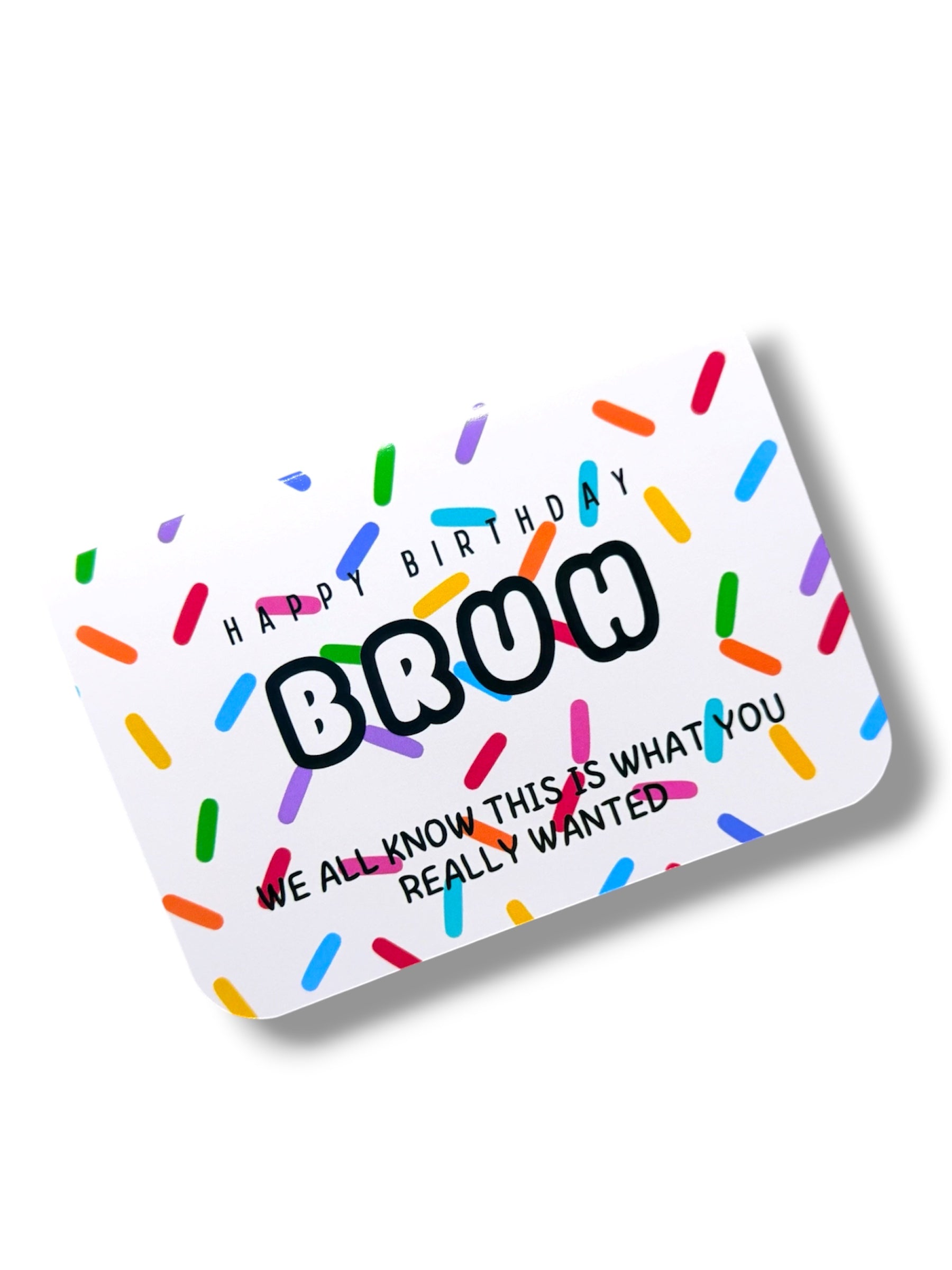 Gift card with colorful sprinkles and text on a white background