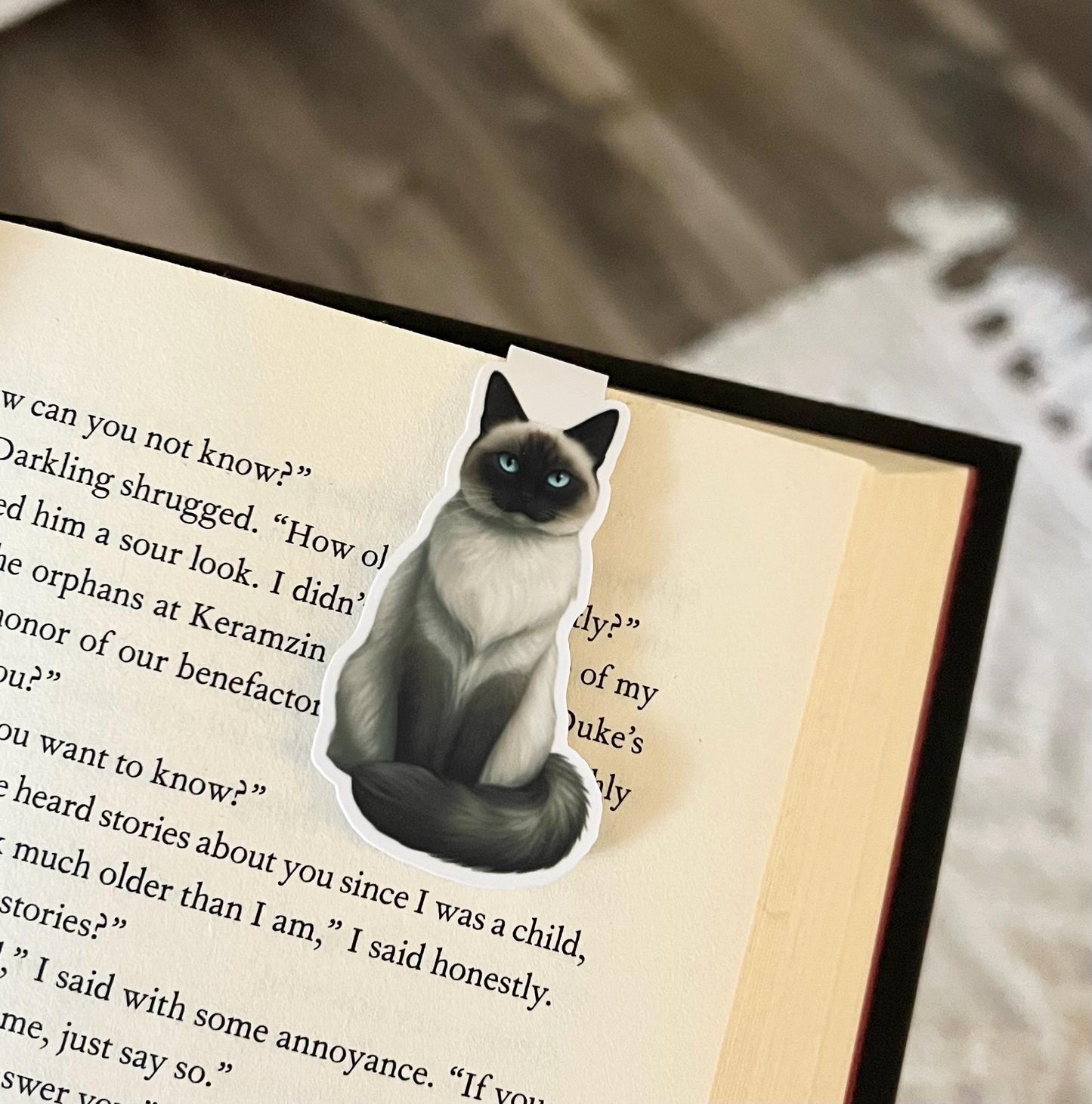A magnetic bookmark of a semi realistic, cartoon style Siamese cat