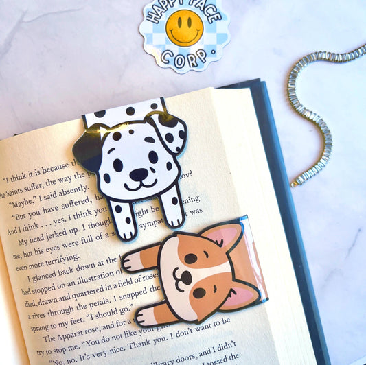 Magnetic bookmarks of long bodied, dogs like dalmatians, corgis, and Frenchies and others